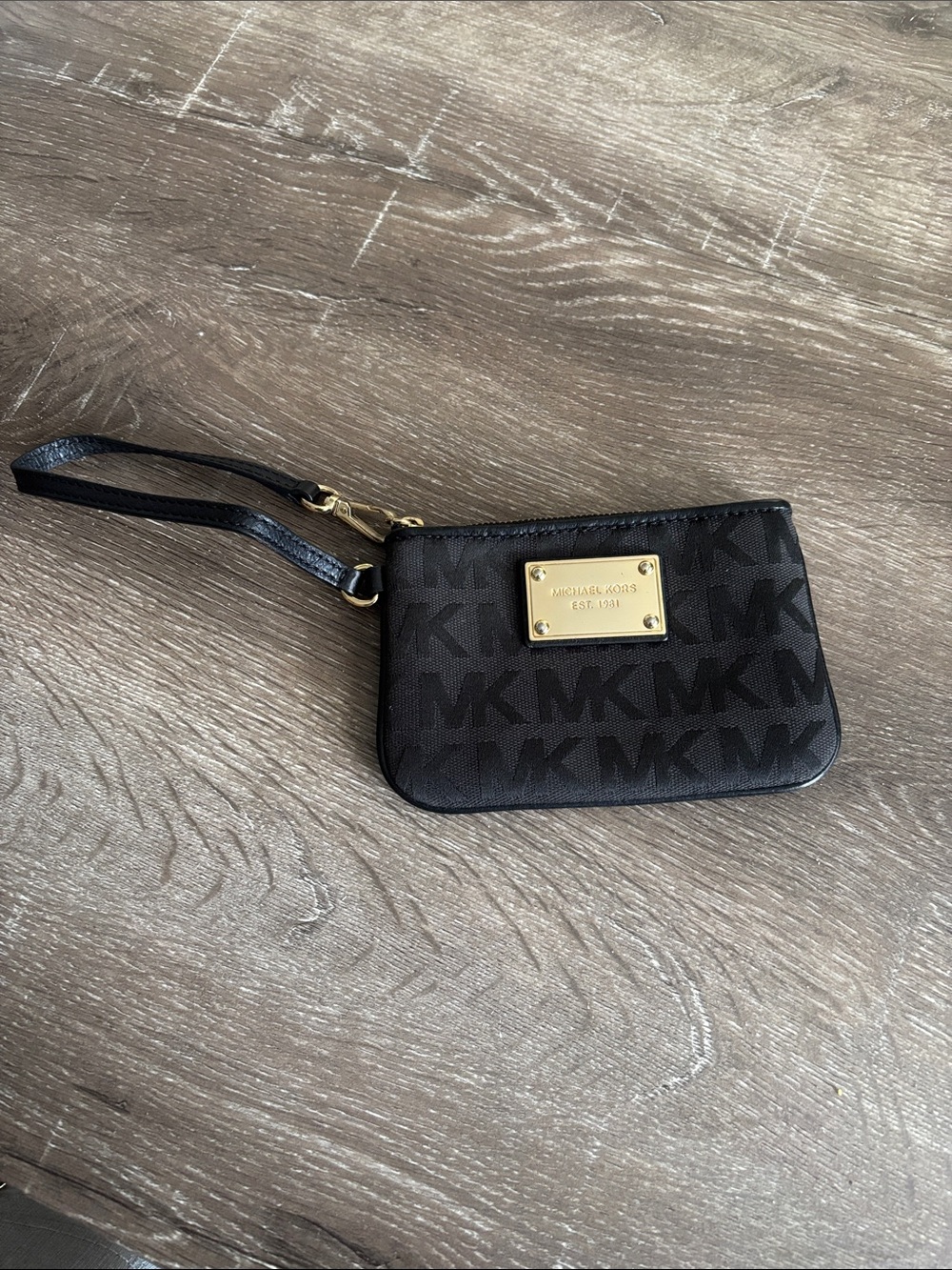 Michael Kors Black Logo Wristlet with Gold Plate